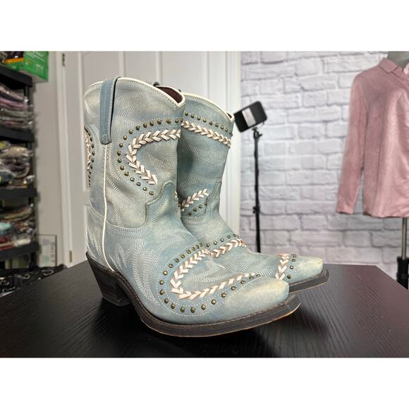 Laredo Fancy Leather Coastal Cowgirl Western Snip Toe Boots in Light Blue - Picture 2 of 11